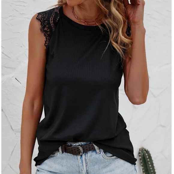 Black Rib Knit Lace Detail Tank Top Tee Shirt - Picture 1 of 8